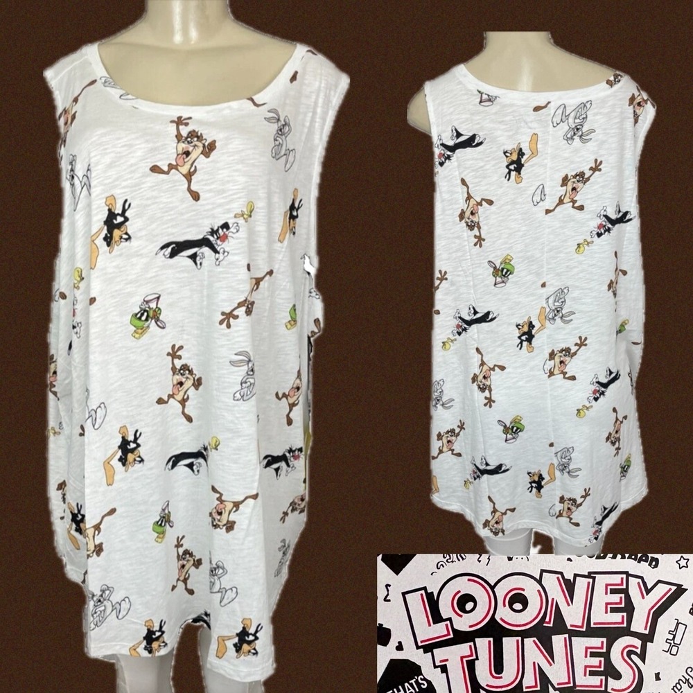 Looney Tunes 6X White All Over Character Print Graphic Tank Top Crew Neckline